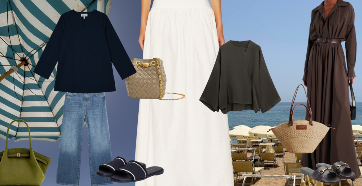 Modest summer outfits collage featuring a casual denim look, white maxi skirt ensemble, and elegant brown maxi dress.