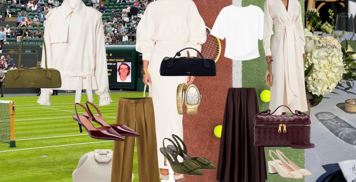 Three elegant Wimbledon modest outfits for 2026 featuring luxury dresses, linen tailoring, maxi skirts, and designer accessories.