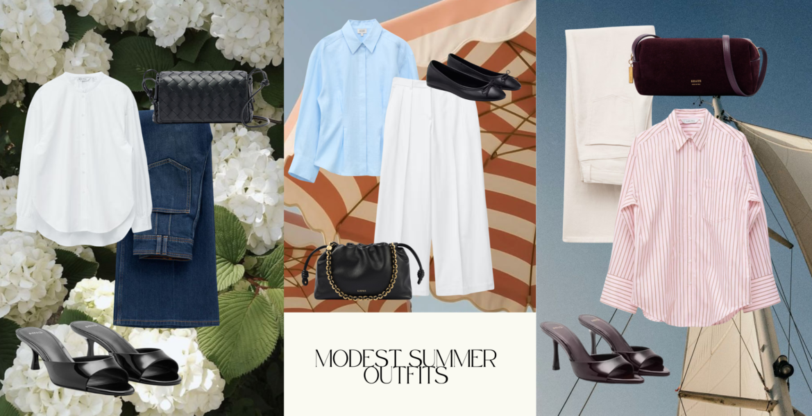 Modest summer outfits featuring linen shirts, wide leg trousers, jersey hijabs, and luxury accessories