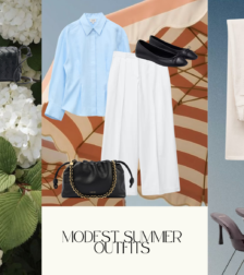 Modest summer outfits featuring linen shirts, wide leg trousers, jersey hijabs, and luxury accessories