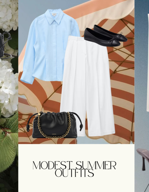 Modest summer outfits featuring linen shirts, wide leg trousers, jersey hijabs, and luxury accessories