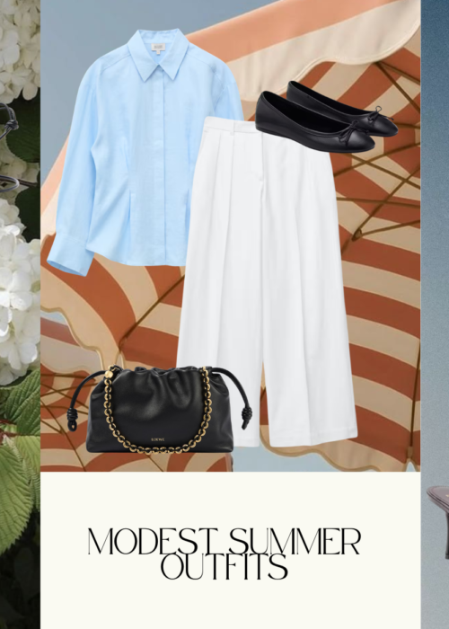 Modest summer outfits featuring linen shirts, wide leg trousers, jersey hijabs, and luxury accessories