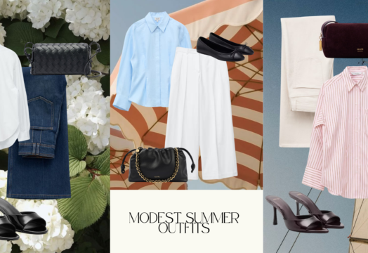 Modest summer outfits featuring linen shirts, wide leg trousers, jersey hijabs, and luxury accessories