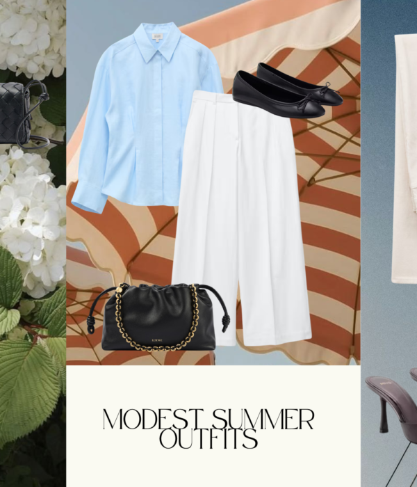 Modest summer outfits featuring linen shirts, wide leg trousers, jersey hijabs, and luxury accessories