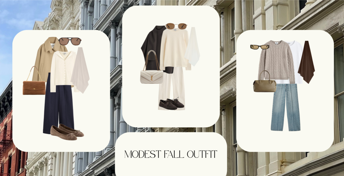 Modest fall outfits featuring three elegant layered looks with knitwear, wide-leg trousers, and neutral accessories