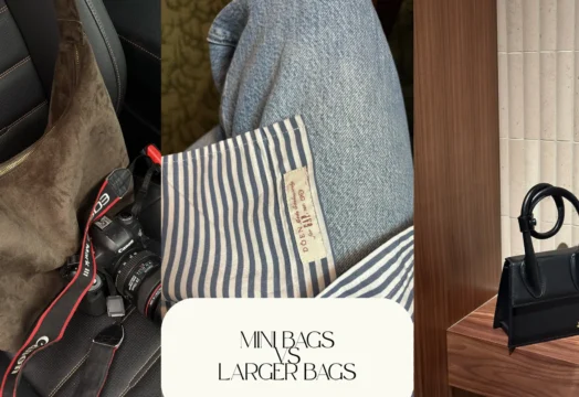 Mini Bags vs. Larger Bags mini bag trend and larger handbags shown in a fashion collage