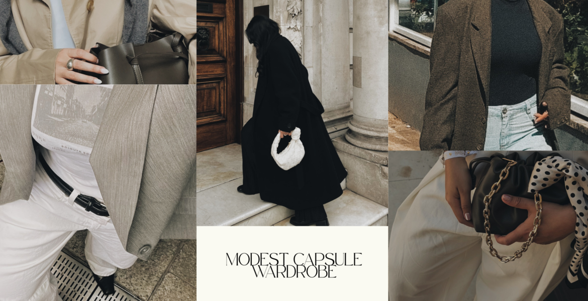 Modest capsule wardrobe with neutral quiet luxury pieces including a camel wool coat, cream knit and wide leg trousers
