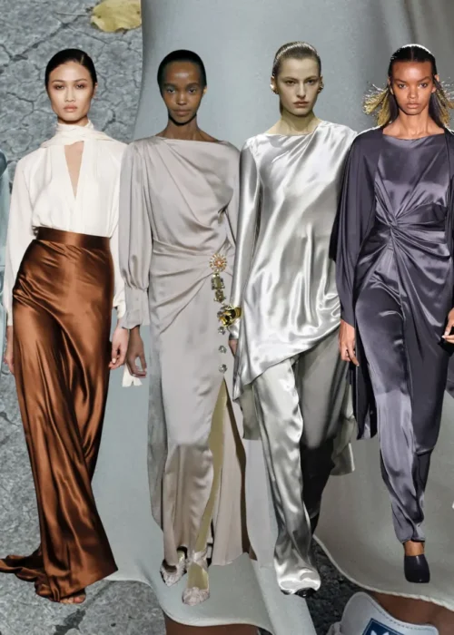 Silk vs satin fashion looks showing different fabrics, shine, drape, and silhouettes