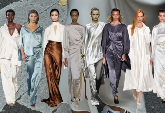 Silk vs satin fashion looks showing different fabrics, shine, drape, and silhouettes