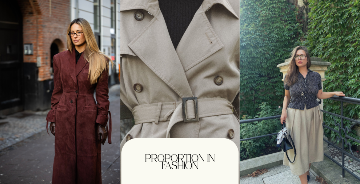 Three fashion looks demonstrating proportion in fashion through tailored outerwear, waist placement, and contrasting silhouettes