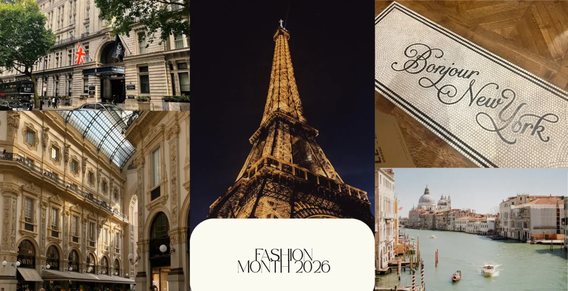 Fashion Month 2026 collage featuring London, Paris, Venice, and the Fashion Month.