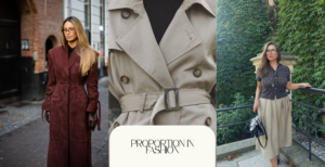 Three fashion looks demonstrating proportion in fashion through tailored outerwear, waist placement, and contrasting silhouettes