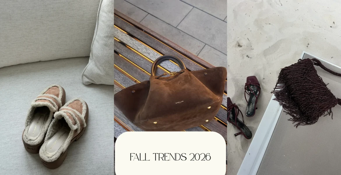 Fall trends 2026 collage featuring suede, oversized bags, moccasins and fringe