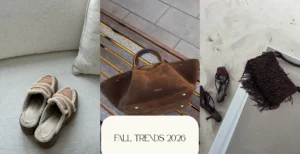 Fall trends 2026 collage featuring suede, oversized bags, moccasins and fringe