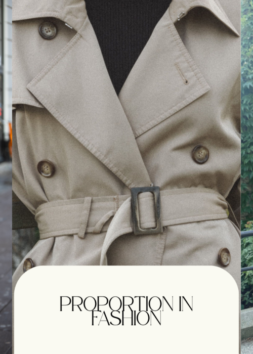 Three fashion looks demonstrating proportion in fashion through tailored outerwear, waist placement, and contrasting silhouettes