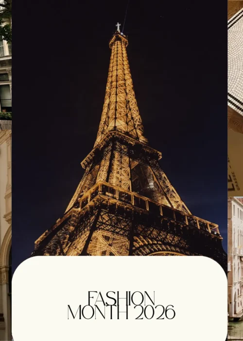 Fashion Month 2026 collage featuring London, Paris, Venice, and the Fashion Month.