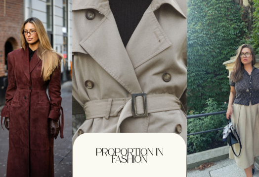 Proportion in Fashion Three fashion looks demonstrating proportion in fashion through tailored outerwear, waist placement, and contrasting silhouettes