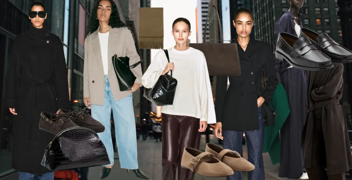 COS and Mango Pieces - Fashion collage featuring modest Fall 2026 looks with long coats, tailored blazers, wide leg trousers, knitwear, loafers, ballet flats, scarves, and leather and suede bags.