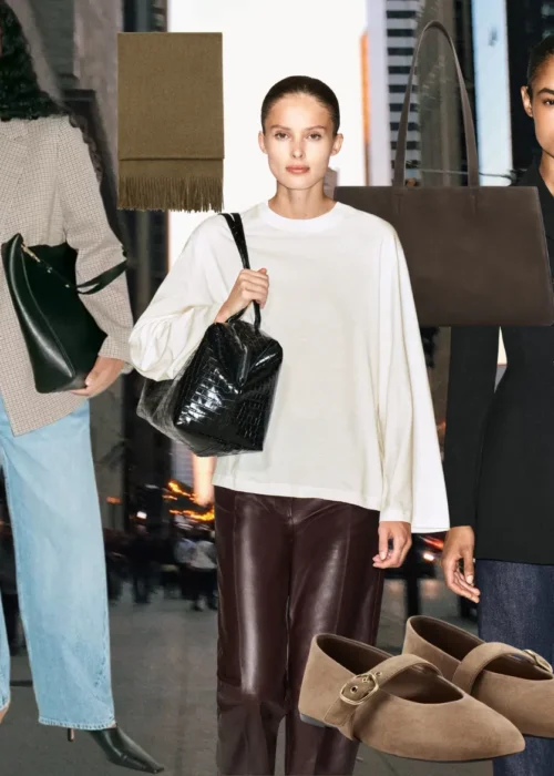 COS and Mango Pieces - Fashion collage featuring modest Fall 2026 looks with long coats, tailored blazers, wide leg trousers, knitwear, loafers, ballet flats, scarves, and leather and suede bags.