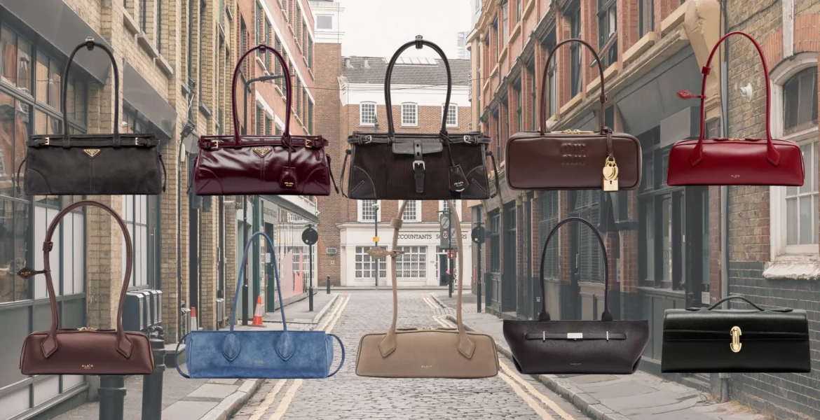 East West bags in leather, suede and satin featuring elongated horizontal silhouettes