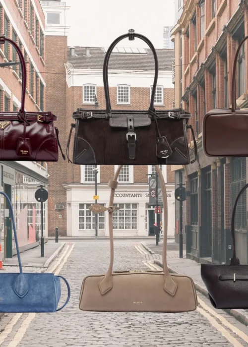 East West bags in leather, suede and satin featuring elongated horizontal silhouettes