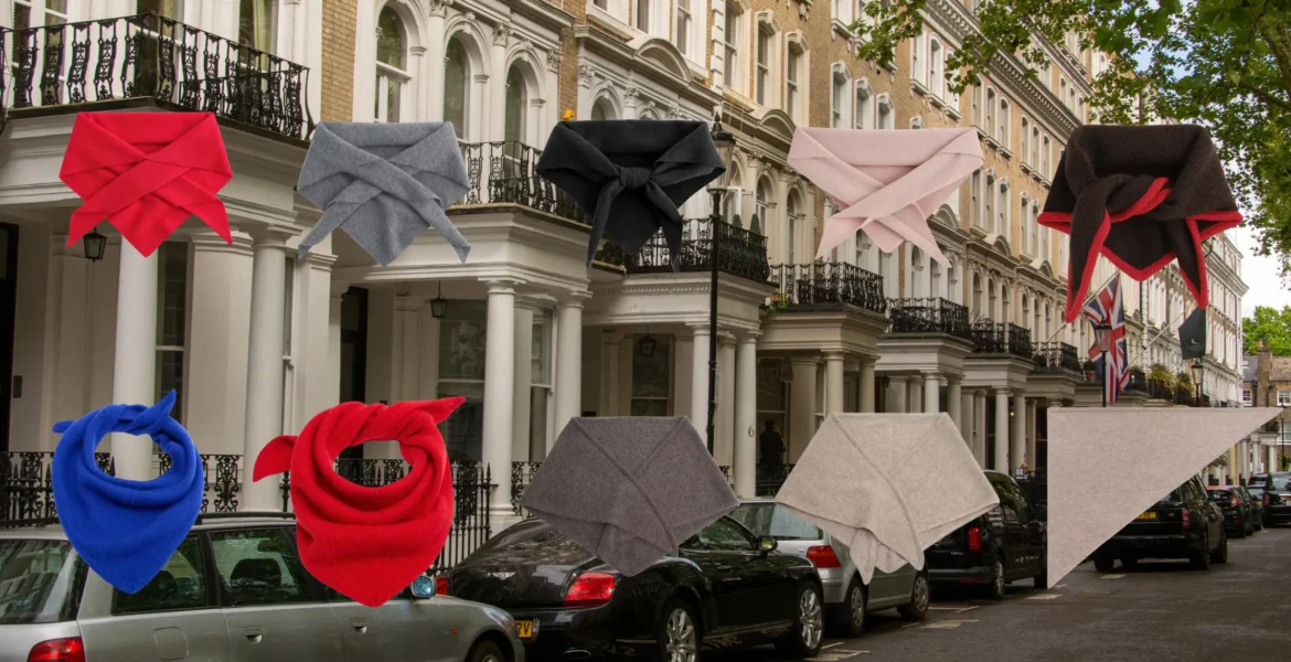 Triangle scarves styled in different ways on a London street
