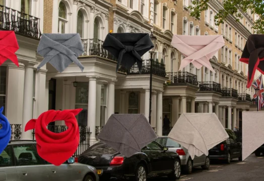 Triangle scarves styled in different ways on a London street