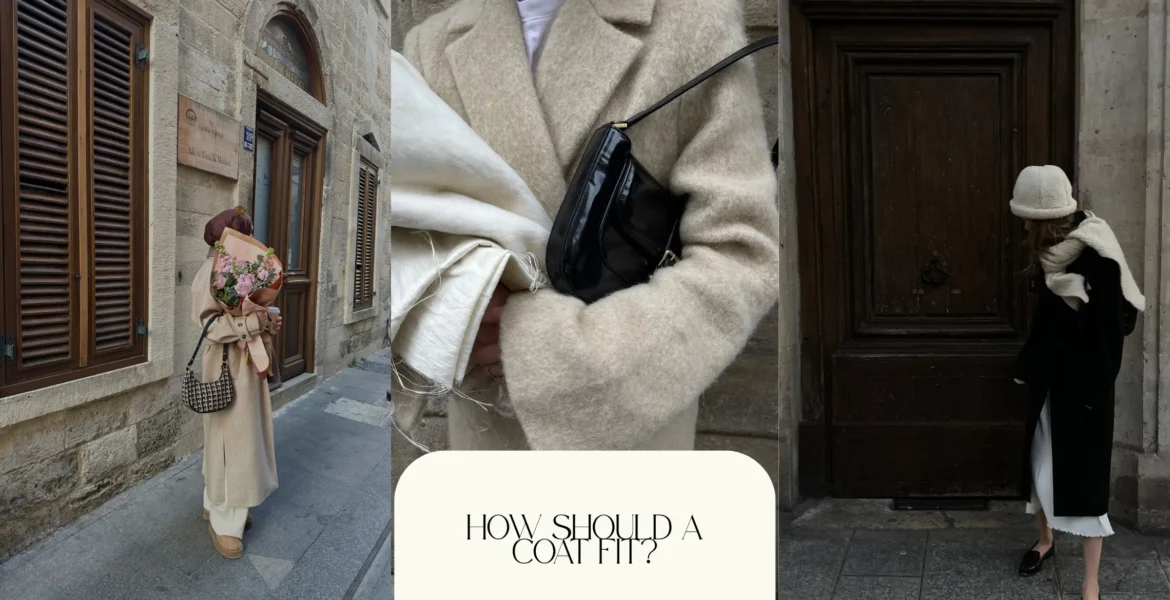 coat fit - Woman wearing a beige wool coat and woman wearing a black coat, illustrating how a coat should fit