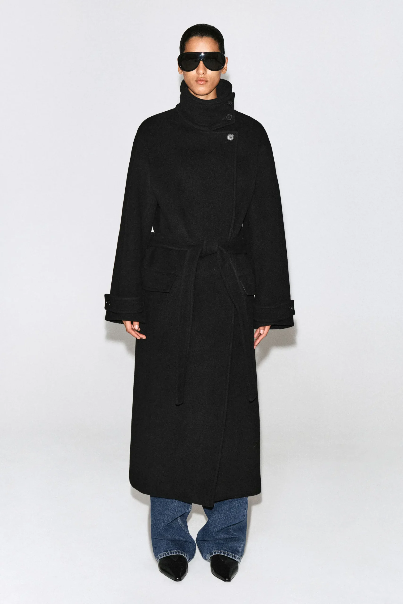 Belted wool blend funnel neck coat
