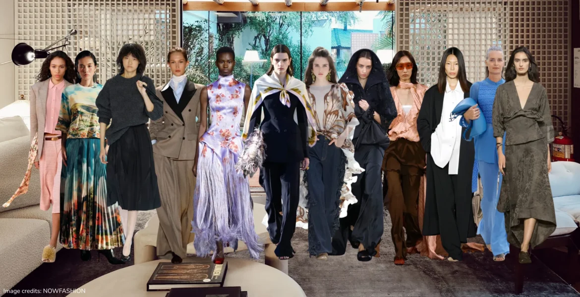 Spring Summer 2027 fashion trends runway looks featuring tailored suits, flowing skirts, floral prints, and bold colors.