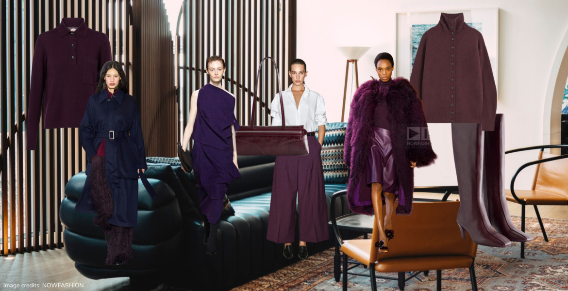Eggplant purple Fall/Winter 2026 runway looks by CFCL, Ujoh, and Akris, featuring sculptural silhouettes, dramatic textured coats, and rich purple tones.