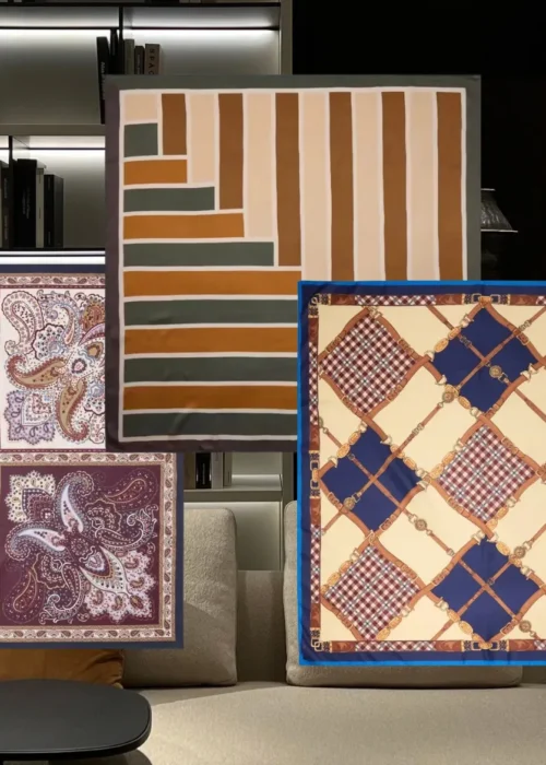 Scarf belt styling with patterned silk scarves in a luxury interior