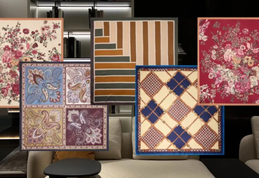 Scarf belt styling with patterned silk scarves in a luxury interior